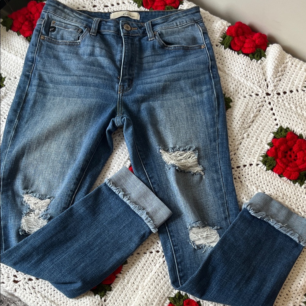 KanCan Frayed Raw Hem with Holes Blue Ankle Jeans